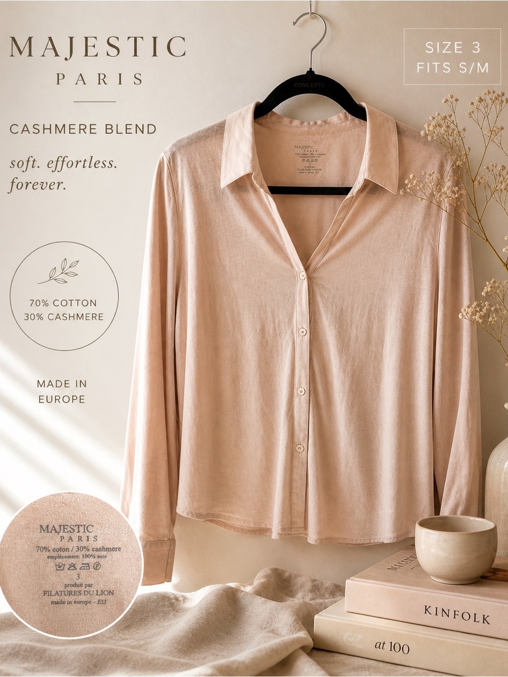 Majestic Paris Cashmere Blend Button Front Blouse Neutral Minimalist Size 3 S/M